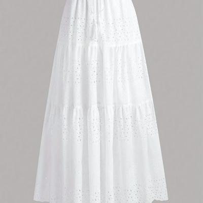 TEMU Eyelet Embroidery Tassel Tie Waist Skirt, Casual Solid Color A-line Tiered Skirt For , Women's Clothing Image