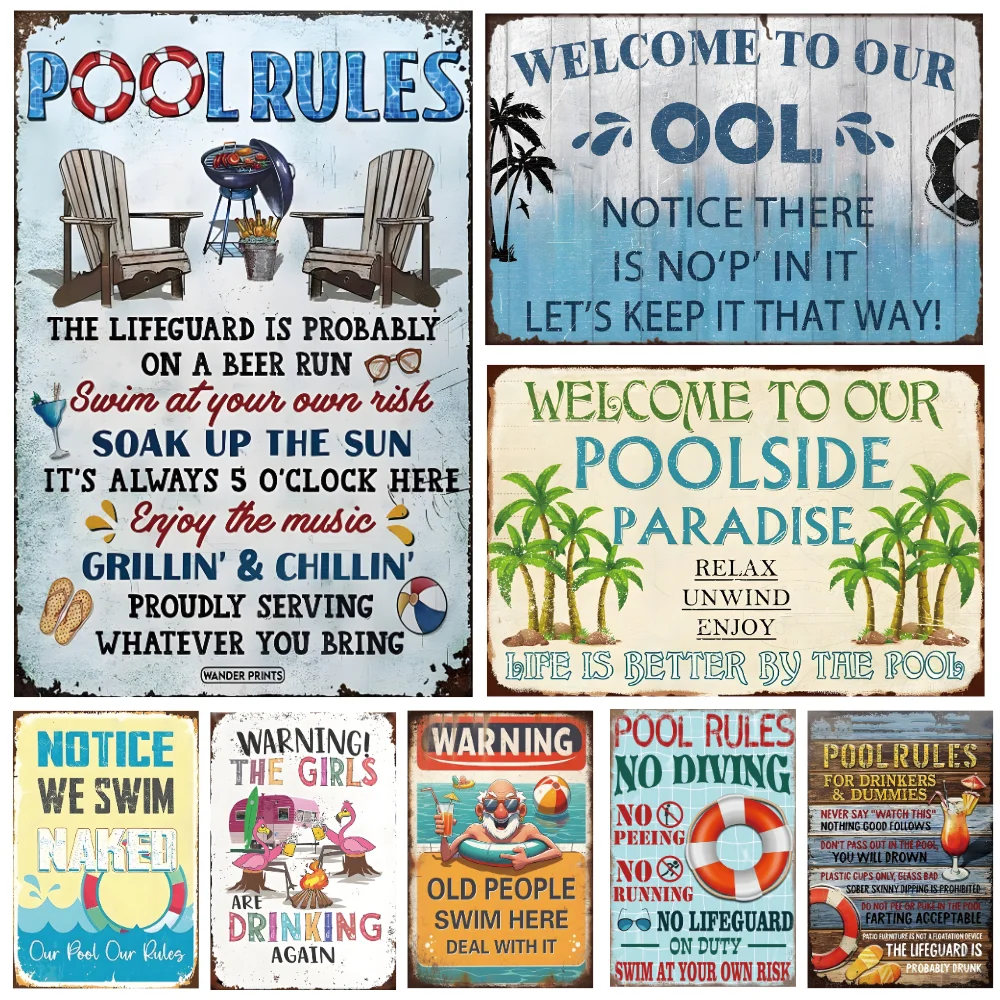 Funny Swimming Pool Rules Metal Tin Sign Wall Decor for Backyard Deck Outdoor Area Home Garden Pub Vintage Decor Poster Plates
