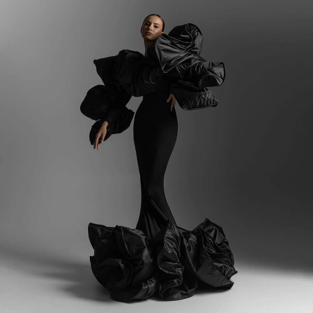 Modische schwarze Meerjungfrau-Abendkleider mit großer Welle, einzigartiges Design, geschwollene lange Ärmel, formelles Damenkleid, Fotoshooting-Kleid, individuell Image