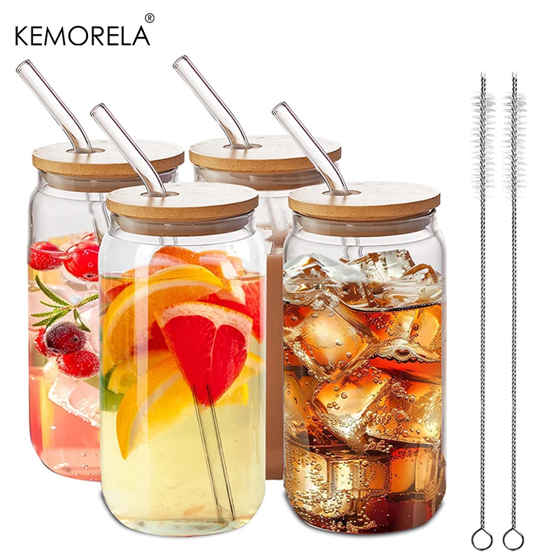 1/4PCS 400ML Glas Tasse Mit Bambus Deckel und Glas Stroh Reinigung Pinsel Bier Kann Geformt Tumbler Tasse für Cocktail Eiskaffee Tassen Image