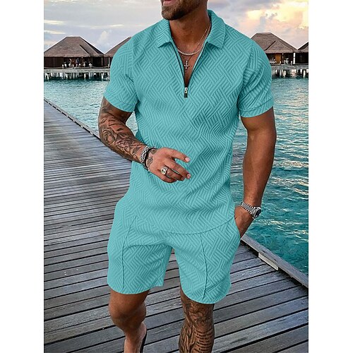 Homme Polo à fermeture éclair Té Ensemble Ensemble de survêtement d'été 2 pièces Ensemble Short Manche Courte Col Polo Occasionnel Zip Up Occasionnel Quotidien Citron Rose Dragée Noir T-shirt haut de