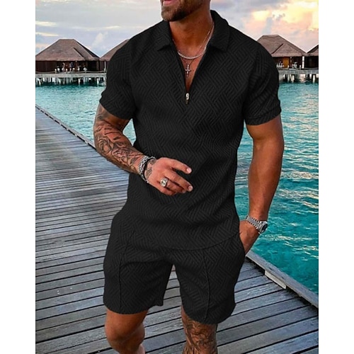 Homme Polo à fermeture éclair Té Ensemble Ensemble de survêtement d'été 2 pièces Ensemble Short Manche Courte Col Polo Occasionnel Zip Up Occasionnel Quotidien Citron Rose Dragée Noir T-shirt haut de