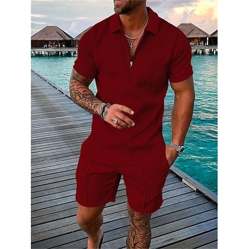 Homme Polo à fermeture éclair Té Ensemble Ensemble de survêtement d'été 2 pièces Ensemble Short Manche Courte Col Polo Occasionnel Zip Up Occasionnel Quotidien Citron Rose Dragée Noir T-shirt haut de