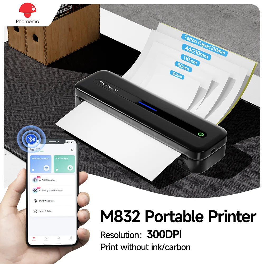 Phomemo M832 Tragbarer Drucker, kabelloser Bluetooth-Tintenloser Drucker, Thermodrucker, kompatibel mit Telefon und Laptop, 300 dpi Image