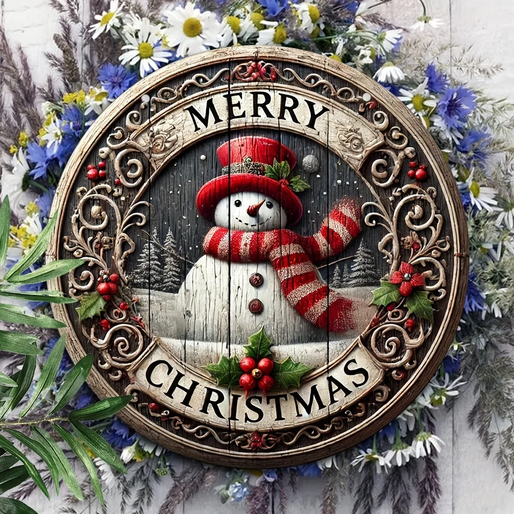 Festliches Schneemann & Kranz Holz schild-19,99 cm x 19,99 cm | Perfekt für Weihnachts dekoration, einladende Haustür, drinnen/draußen Image