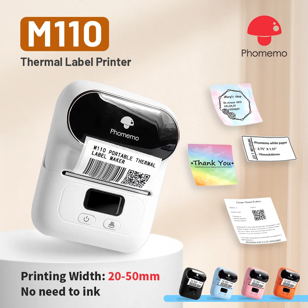 Phomemo M110 Mini tragbarer Thermodrucker Selbstklebender Etikettendrucker für 3/5/10 Rollen Aufkleber Etikettendrucker Drucker ohne Tinte Image