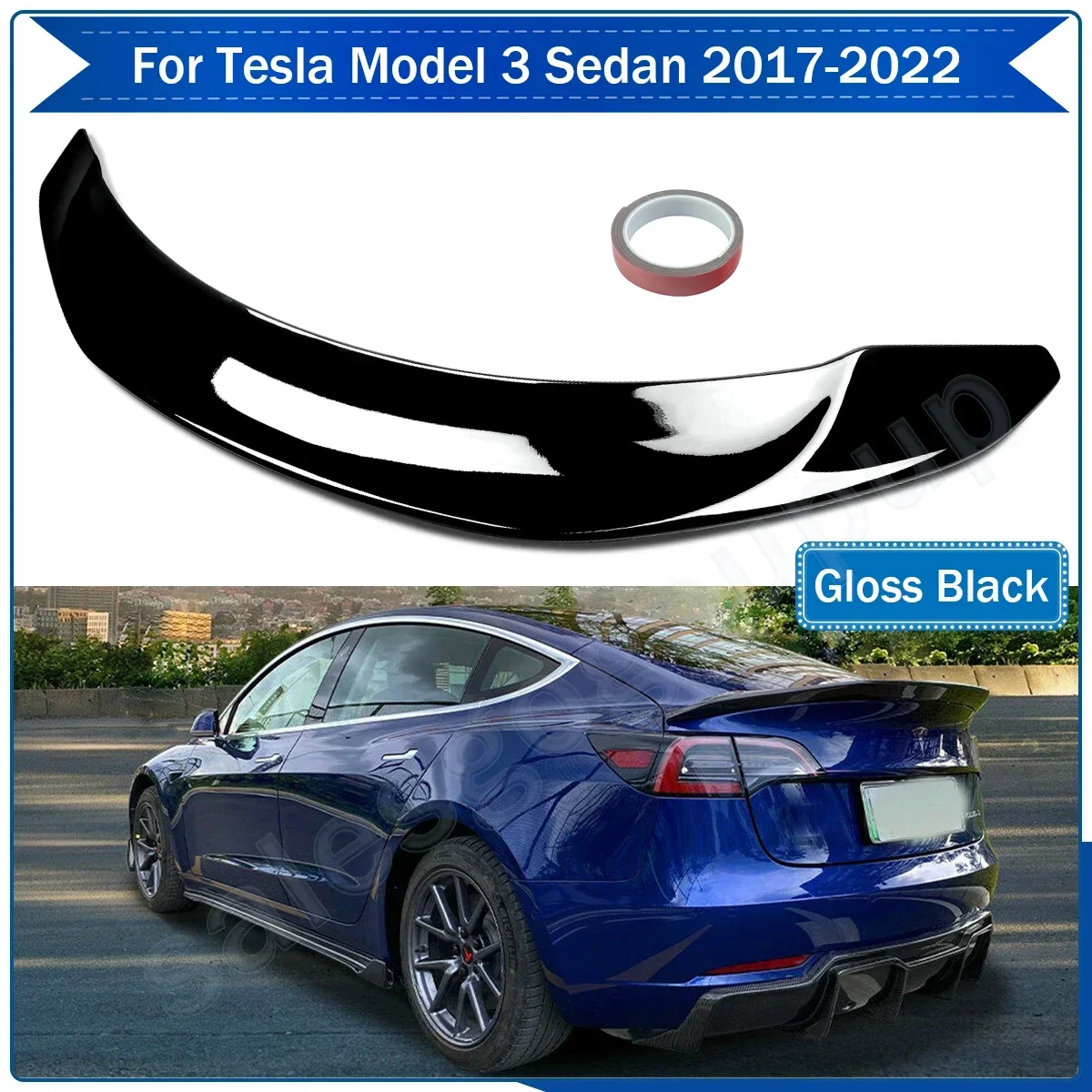 FÜR 2017-2022 TESLA MODELL 3V STIL HIGHKICK GLÄNZENDES SCHWARZ HECKSPOILERFLÜGEL Image