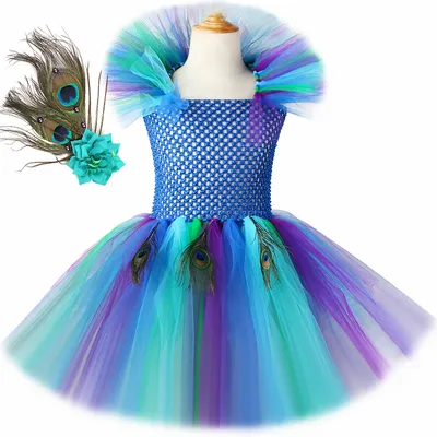 Mädchen Pfau Tutu Kleid mit Blumen Feder Stirnband Fancy Pfau Prinzessin Kostüm Kinder Halloween Karneval Party Purim Kleider Image