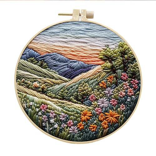 Stickset für Anfänger, Kreuzstich-Nadelspitze-Set für Erwachsene, Anfänger, einfaches Stoff-Handwerk mit schneebedecktem Bergmuster, Reifen, Nadel, DIY-Hängepflanzen für Frauen, Nähhobby Image