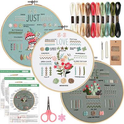 3 Sets Embroidery Kit for Beginners Adults,Easy to Learn 33 Different Stitches DIY Kits,Needlepoint Kits for Adult Hand Crafts Includes Stamped Flower Pattern,Instruction,Hoop,Threads,Tools