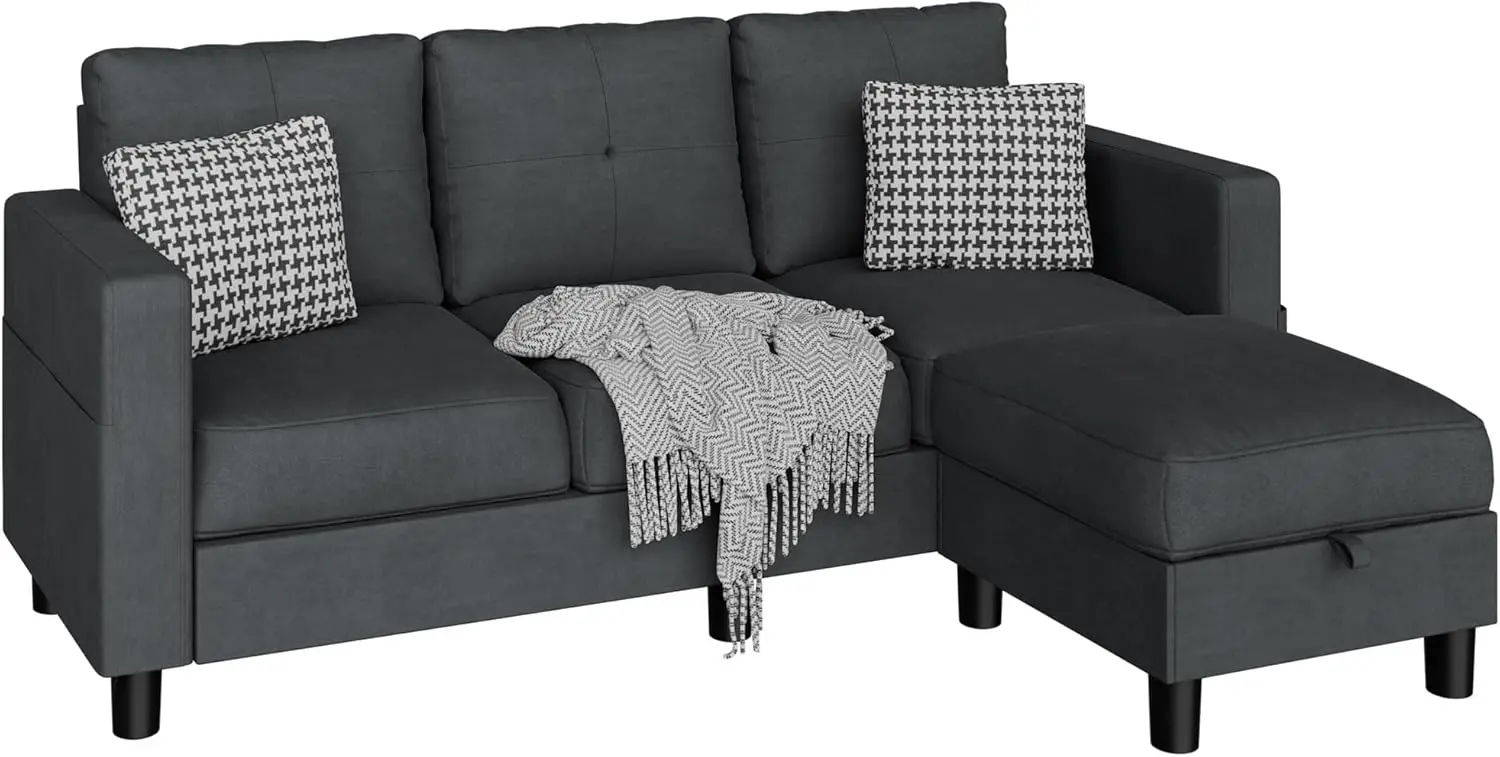 L-Shaped Couch 3 Seat Sofa Set with Linen Fabric and Ottoman Small Couch for Apartments, Black sofa set living room furniture