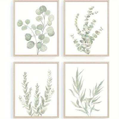 TEMU 4pcs Frameless Botanical Boho Bathroom Decor Wall Art Prints Sage Decor For Bedroom Office Minimalist Eucalyptus Leaves Watercolor Art Prints For Room Decoration 8*10inches Image
