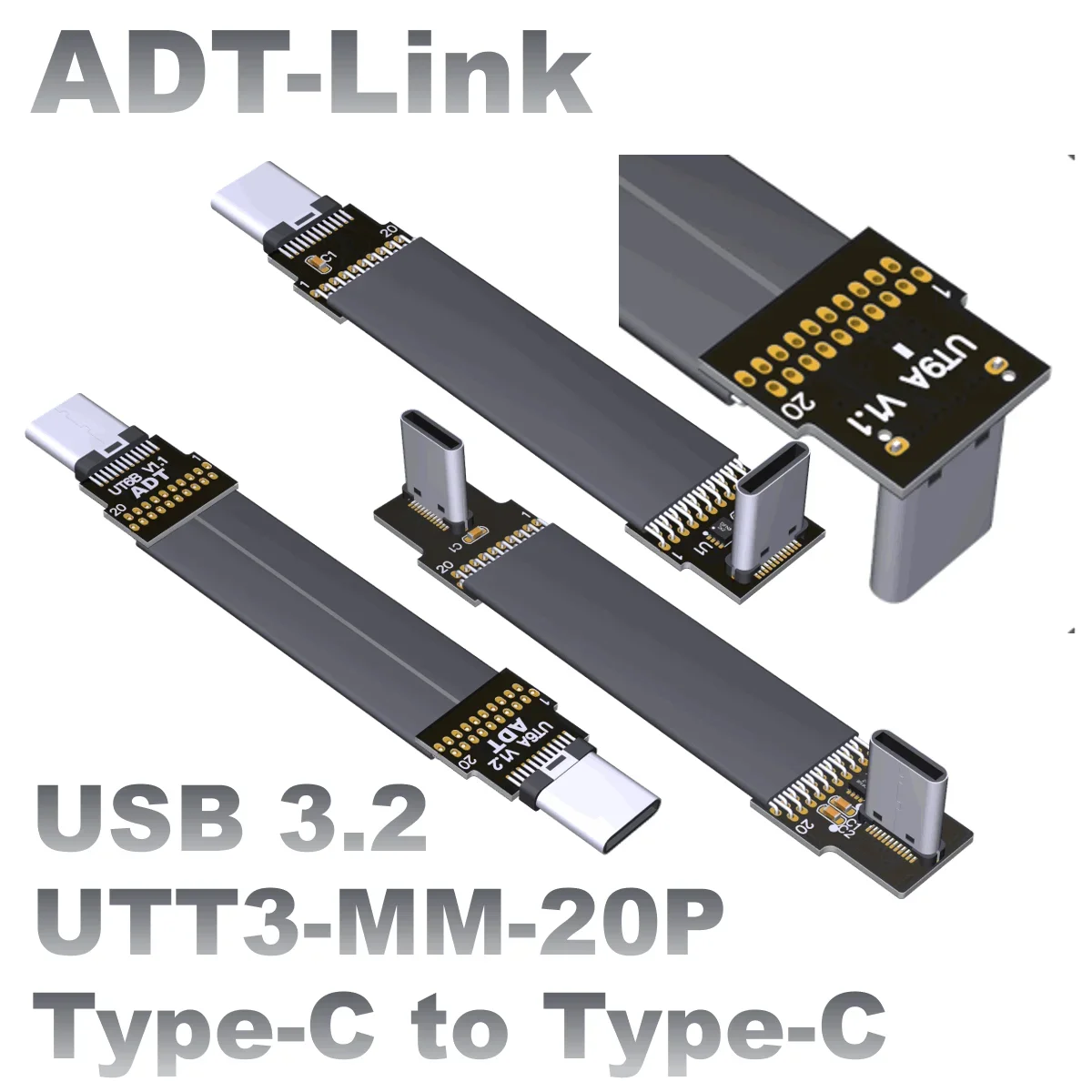 Kurzes schwarzes FFC USB C FPV Flat Slim Thin Ribbon FPC-Kabel USB 3.2 Typ-C 90 Grad auf USB-C Gen2x2 20 Gbit/s zum Datensynchronisieren und Aufladen Image