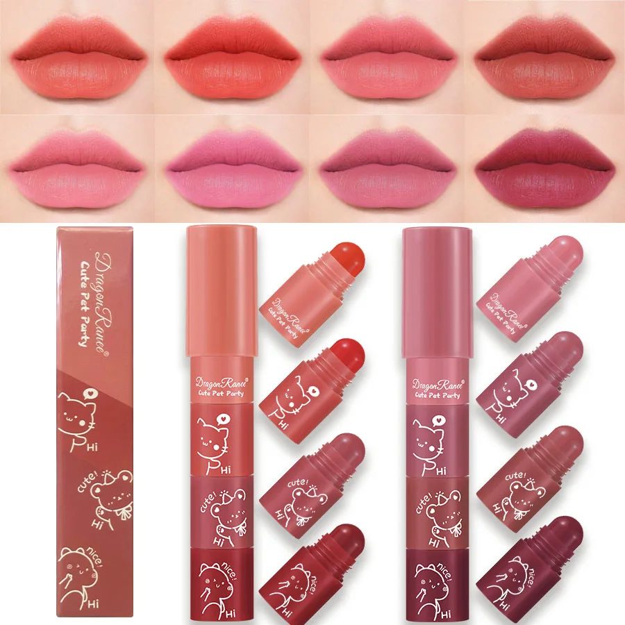 Vierfarbiger Lippenstift Herbst und Winter Matt Samt-Matt Lipgloss Langanhaltender Make-up-Effekt Aufhellender Teint Lipgloss W Image