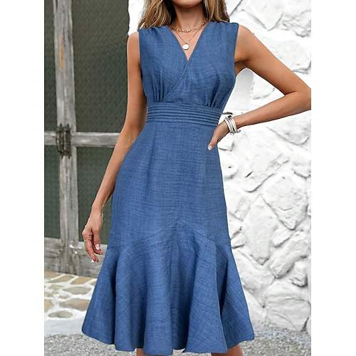 abito da lavoro da donna abito tubino elegante ufficio quotidiano abito lungo maxi abito patchwork cerniera scollo a V senza maniche tinta unita vestibilità regolare blu estate primavera s m l xl