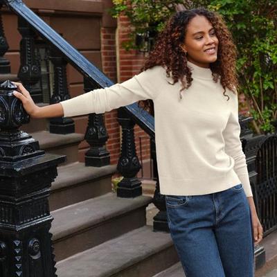 Button Cuff Polo Neck Jumper, Women, size: 10-12, regular, Ivory, Polyester/Nylon/Viscose, by Lands' End