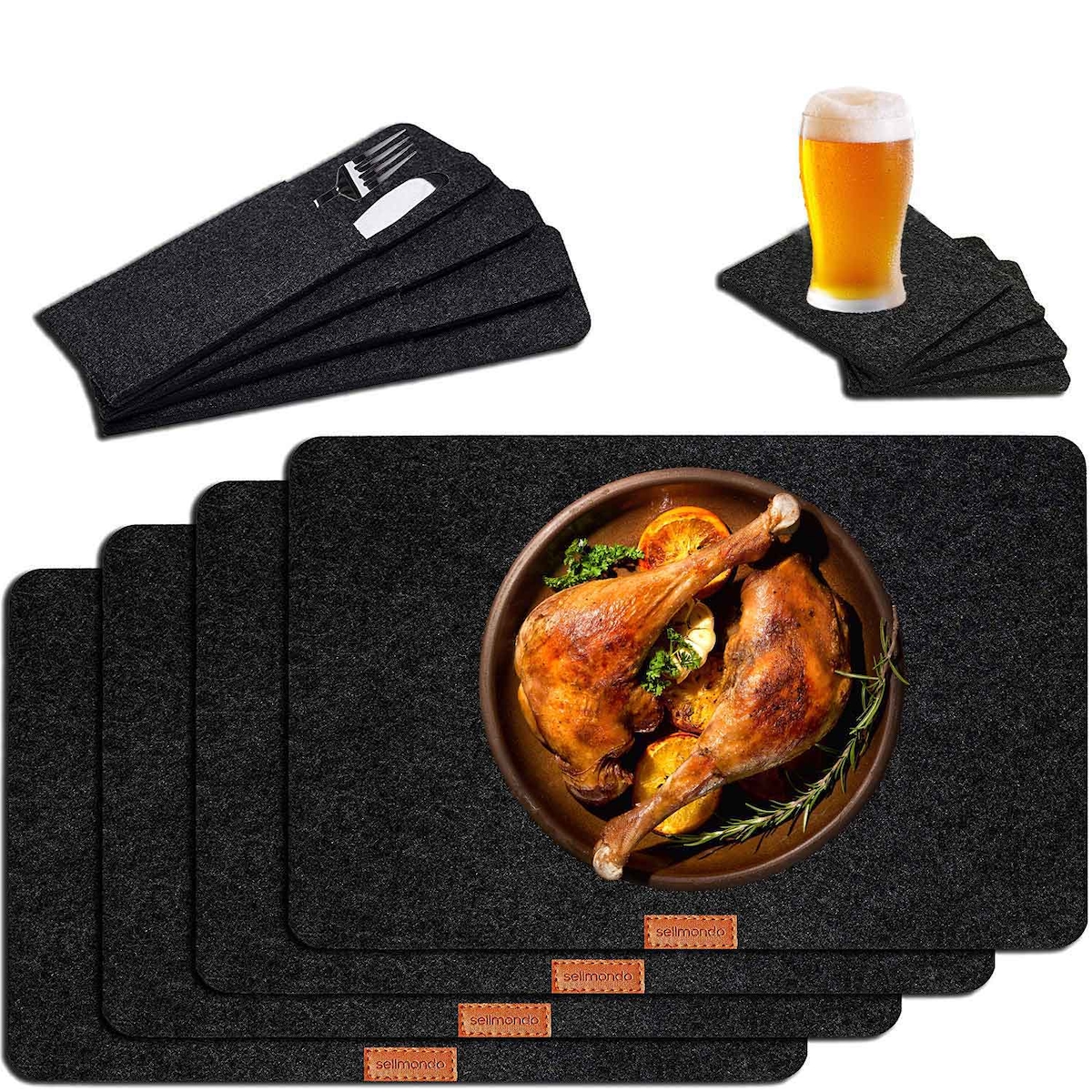 Muxel Tischset Platz Set inkl. Untersetzer und Bestecktaschen aus Filz – abwaschbar, waschbar und robust Für 4 Personen Image