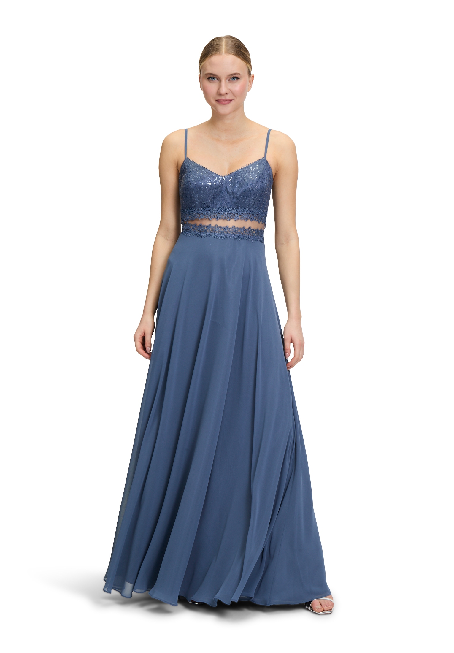 Abendkleid VERA MONT "Damen Abendkleid mit Spitze", Damen, Gr. 36, Normalgrößen, blau (blau stone), Obermaterial: 100% Polyester. Futter: 100% Polyester., Feminin, ausgestellt lang, V-Ausschnitt, Kleider, Dekoelemente Image