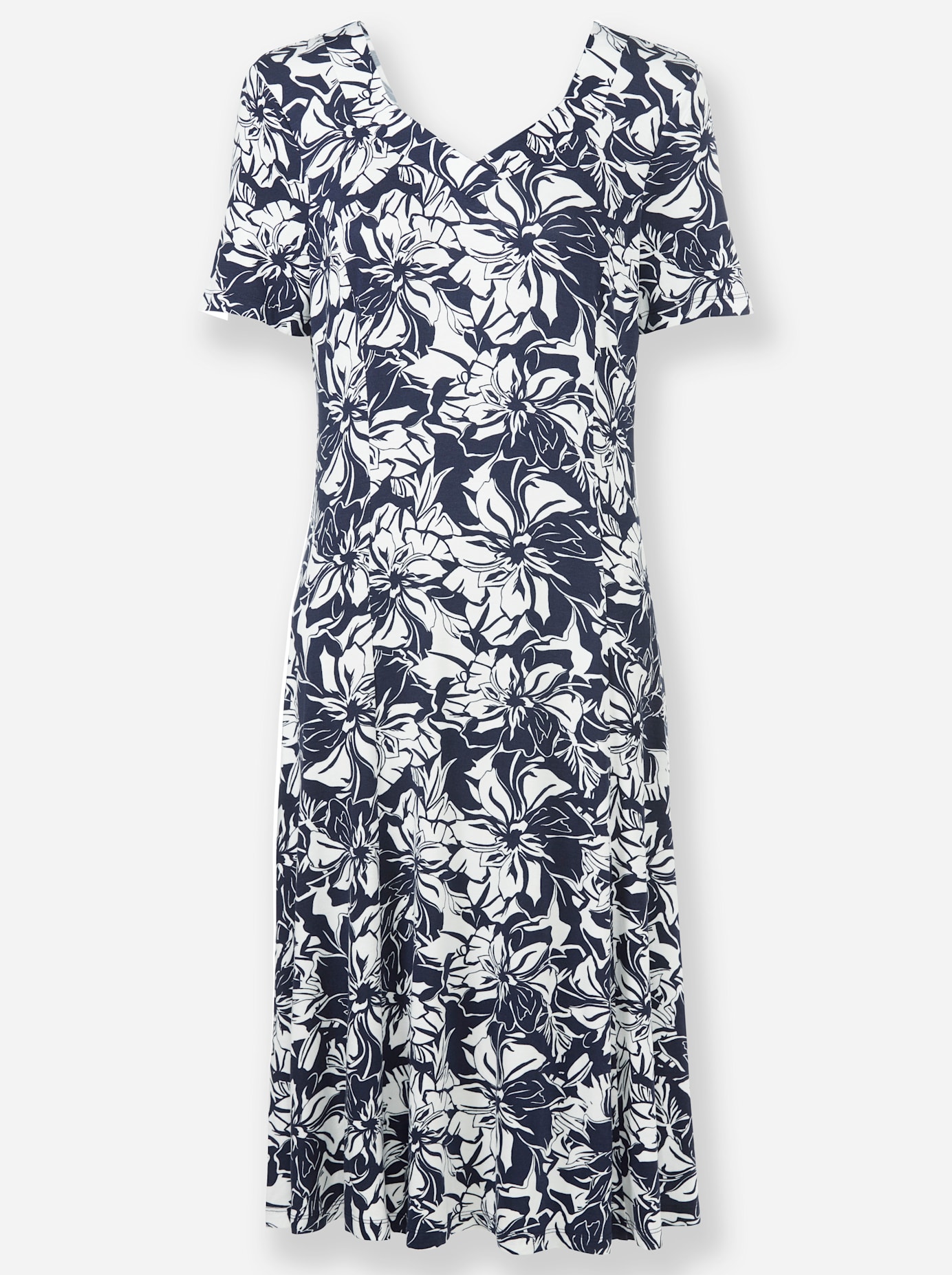 Jerseykleid LADY "Jersey-Kleid", Damen, Gr. 48, Normalgrößen, blau (marine, ecru, bedruckt), Jersey, 95% Viskose, 5% Elasthan, geblümt, gemustert, mehrfarbig, wadenlang, eckiger Ausschnitt, Kleider Image