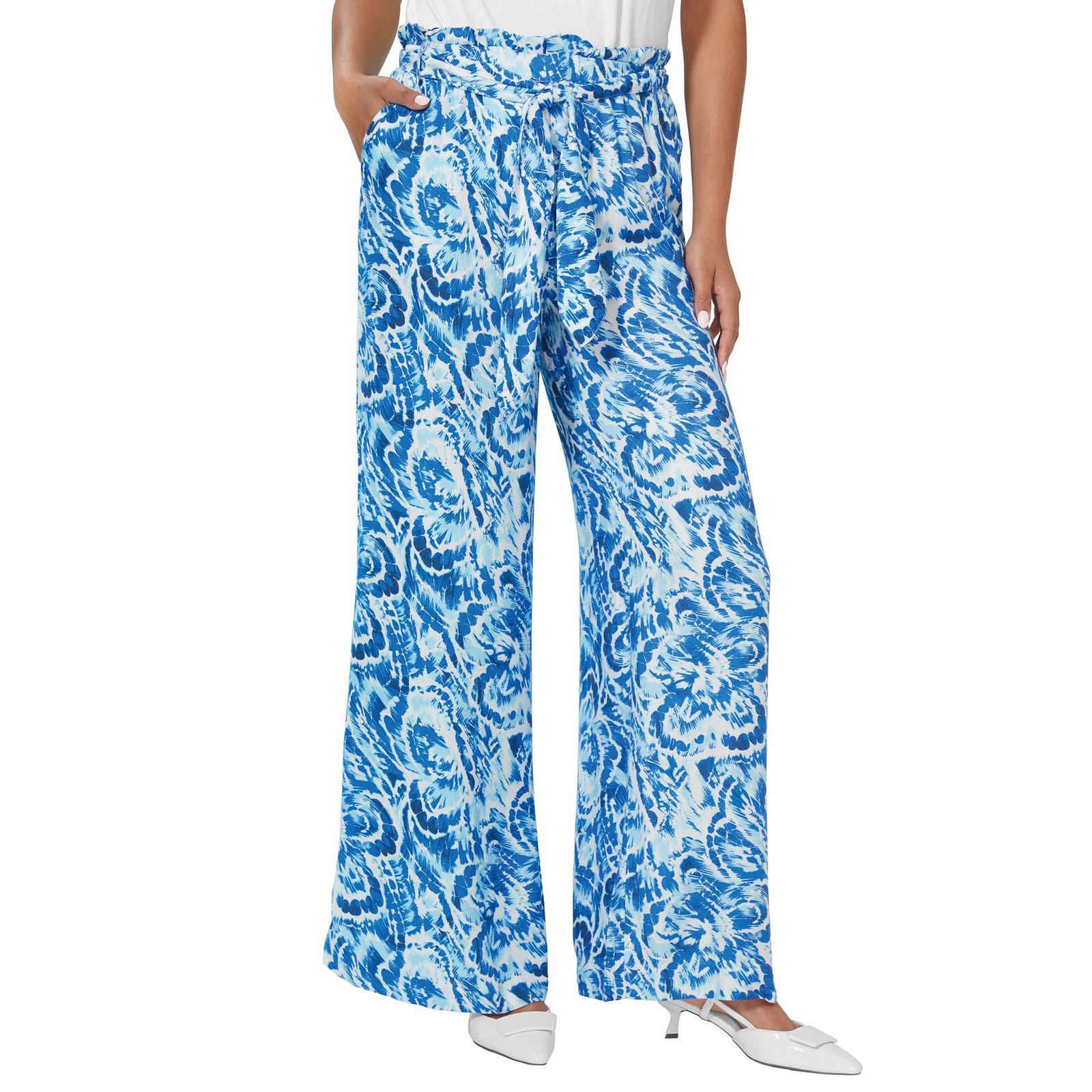 Masseys Tie-Waist Wide-Leg Pant (Size 5X) Blue White Abstract, Viscose