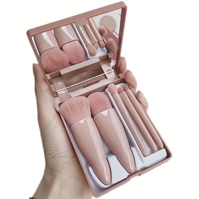 TEMU 1pc Pink Mini Travel Makeup Brush Set With Mirror, Portable Plastic Case - Includes Loose Powder, Foundation, Eye Shadow, Lip Blending Brushes For Touch-ups Image