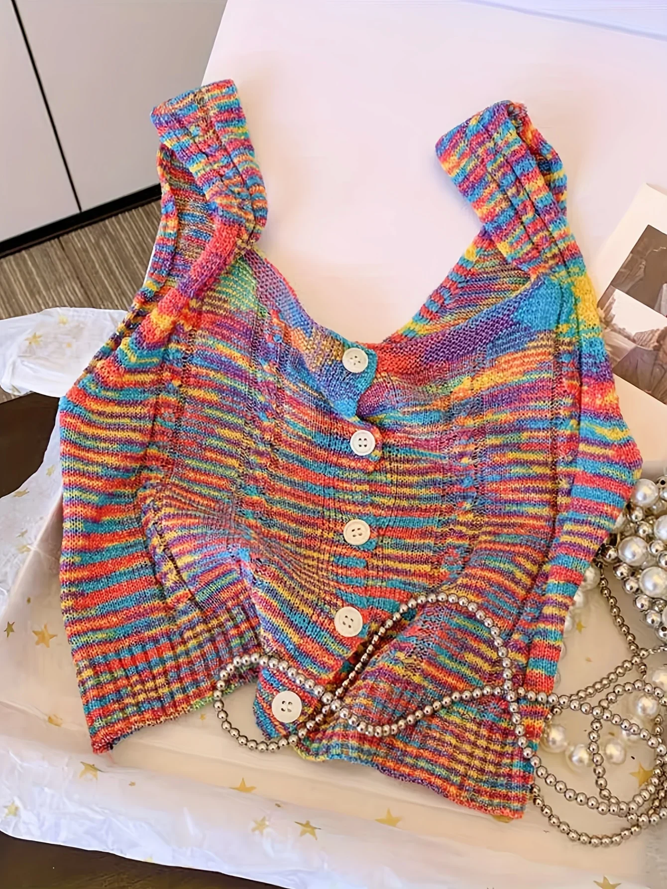 2025 New Tie Dye Button Front Knitted Top Vacation Sleeveless Tank Top For Spring & Summer Women's Clothing Crop Top
