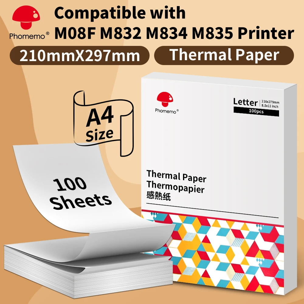 Phomemo A4 Thermodruckerpapier, Briefpapier, schnell trocknendes, durchgehendes Papier, geeignet für tragbare Drucker M832/M833/M834/M835, 2 Rollen Image