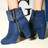 Strass Kristall Sparkle Rot Marineblau Stiefeletten für Frauen Große Größe 46 47 Reißverschluss Klobige High Heels Bling Winter Warme Schuhe