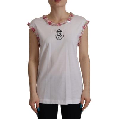 Dolce & Gabbana Damen Weißes DG Krone Floral Pailletten T-Shirt Image