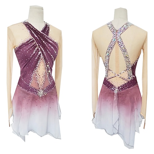 Eiskunstlaufkleid Damen Mädchen Eislaufen Kleider Fuchsie Daumenloch Halo-Färbung Hochelastisch Professionell Wettbewerb Eiskunstlaufkleidung warm Kristalle Langarm Eislaufen Eiskundstlauf Image