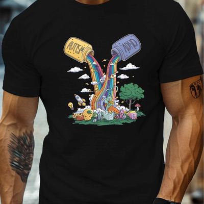 TEMU Men's Casual Crew Neck T-shirt With Autism And Adhd Print, Polyester 100% Knit Fabric, Stretch, Regular Fit, Summer Lightweight Top - 150gsm Image