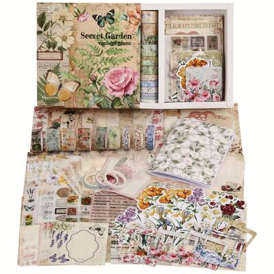 TEMU Vintage Botanical Scrapbooking Supplies Kit, Aesthetic Flower Kit For Junk Journal, 12 Rolls Washi Tape, Papers For Diy Journaling Supplies, Craft Gift For Girl Kid Women Image