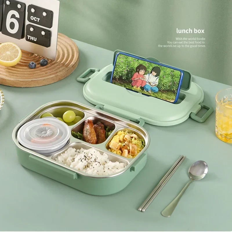Tragbare Brotdose für Kinder Studenten Edelstahl Thermo-Brotdose mit Löffeln und Essstäbchen Lebensmittel behälter Bento-Box Image