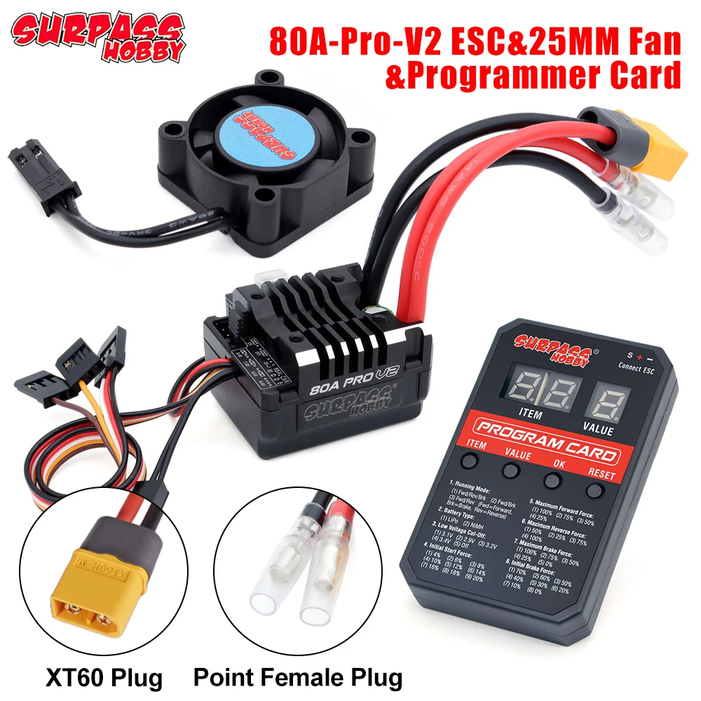 SURPASS HOBBY Neue 80A Pro V2 Brushed ESC Buit-in BEC 6,0 V/7,4 V/8,4 V Wasserdichte Lüfter Programmierkarte Für 1/10 Crawler Gebürstet Auto