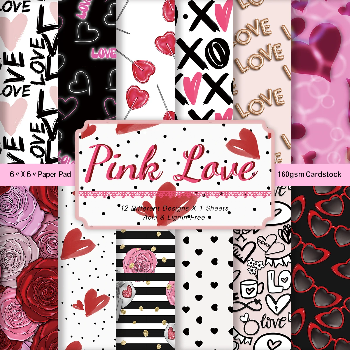 12 Stück rosa Liebes-Valentinstag-Scrapbook-Papier, 15,2 cm Kunsthandwerk-Musterpapier für Journaling, DIY-Kartenherstellung, Scrapbooking-Zubehör Image