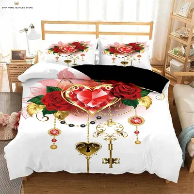 Valentine's Day Retro Red Rose Heart Print Quilt Cover Bedding Set Textile Quilt Cover Pillowcase Machine Washable 3 Pieces
