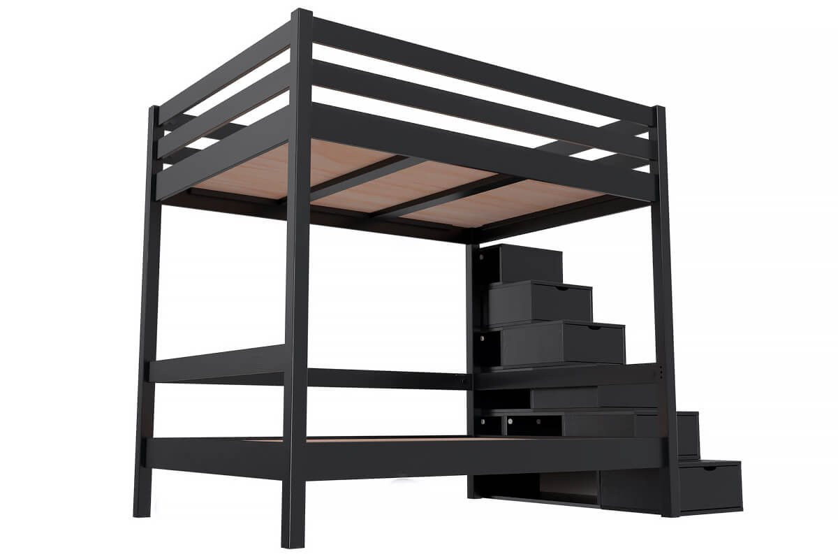 Lit superposé 140x200 double + escalier rangement Sylvia - Noir