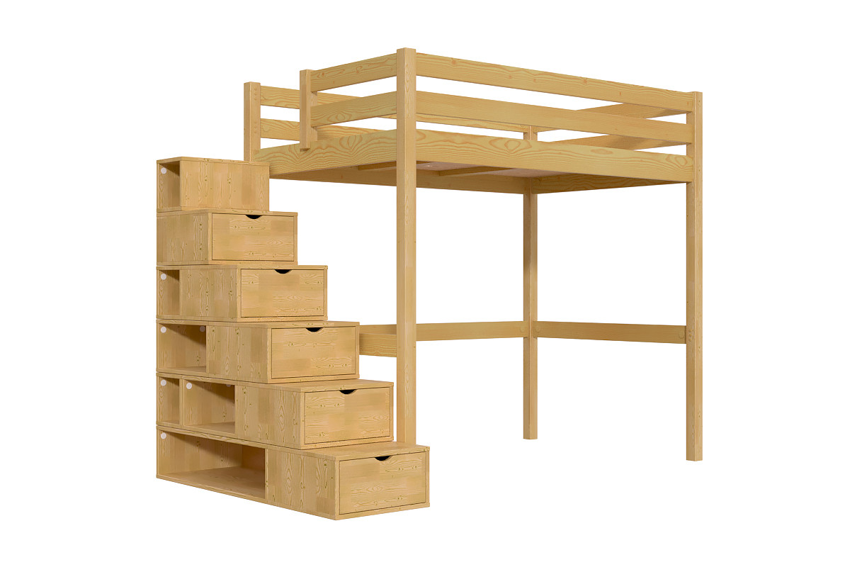 Lit mezzanine bois 120x200 Sylvia avec escalier cube - Miel
