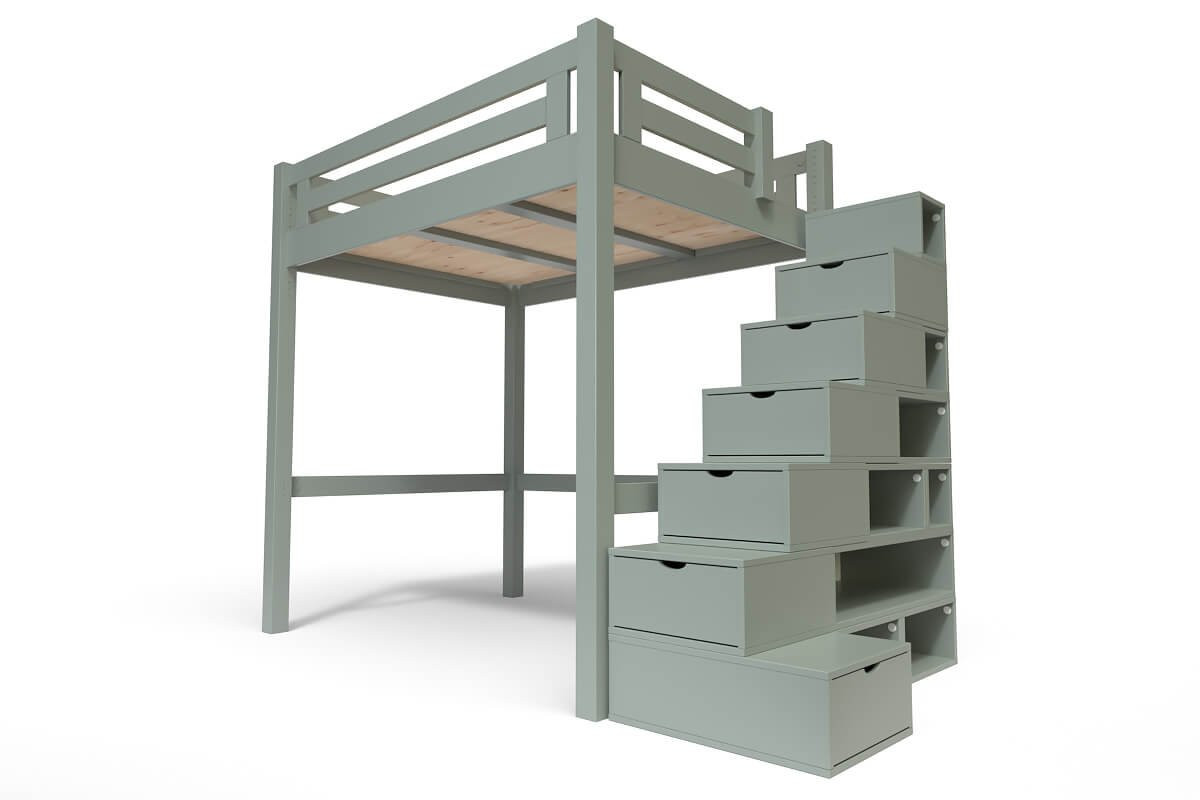 Lit Mezzanine adulte bois 120x200 Alpage hauteur réglable + escalier cube - Gris