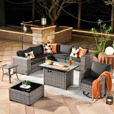 OVIOS 9-piece Patio Wicker Swivel Rocking Chair Set with Fire Pit