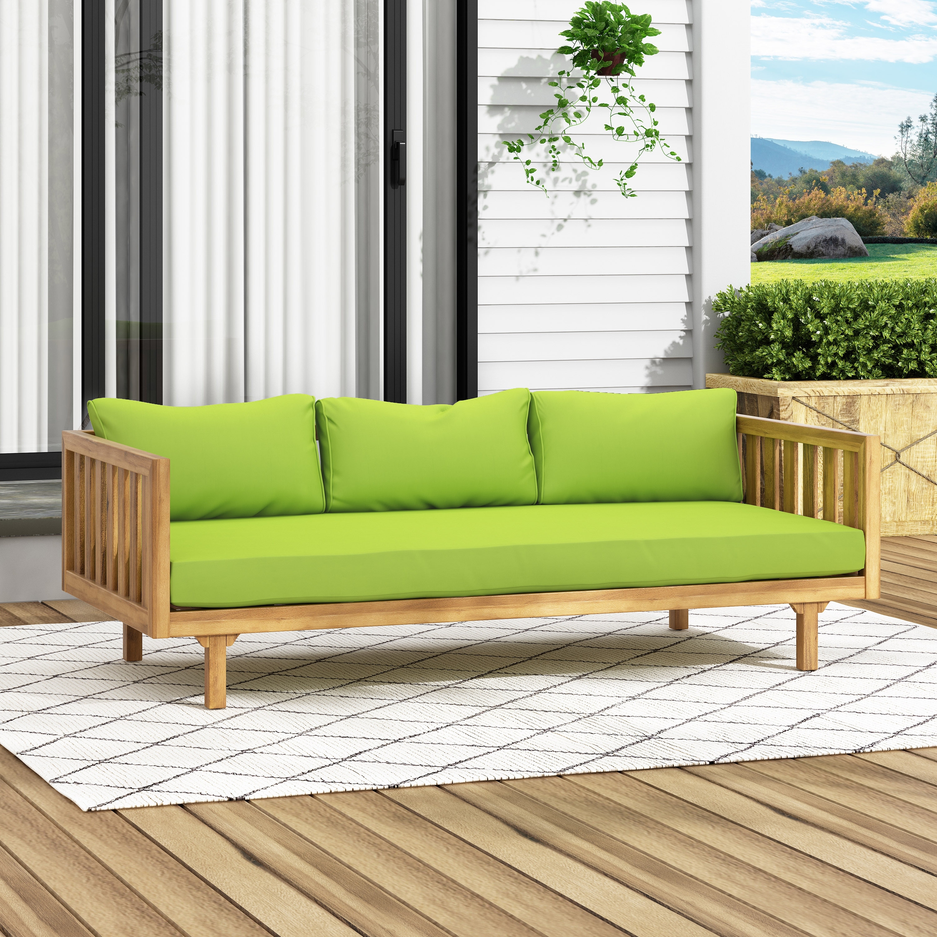 Roomfitters Outdoor Wooden Sofa with Weather-Resistant Cushions, Sturdy Acacia Wood Patio Seating for Modern Garden Relaxation