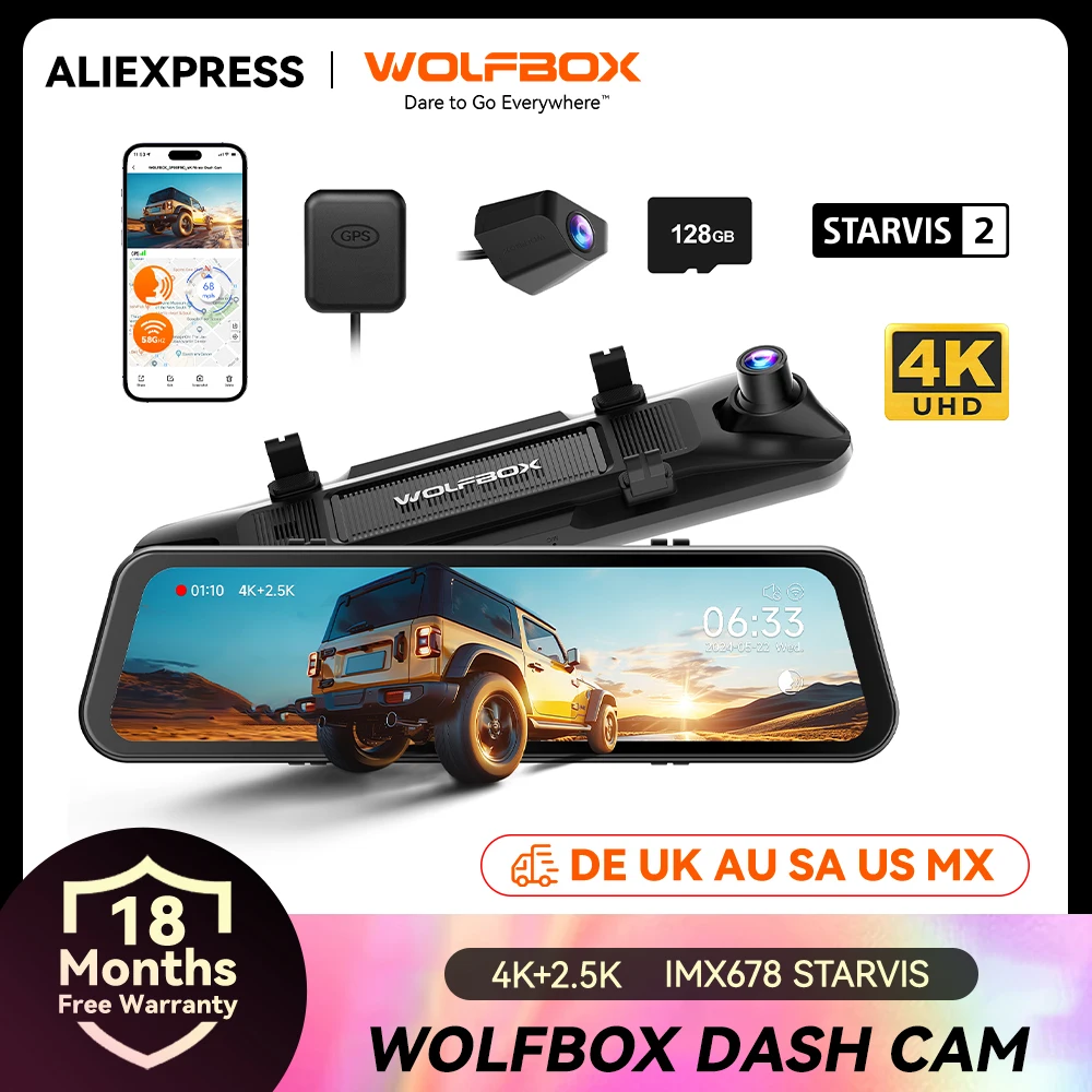 Caméra embarquée WOLFBOX G900 PRO 4K+2.5K, enregistreur vidéo avec commande vocale, Wi-Fi 5 GHz et GPS, caméra avant et arrière
