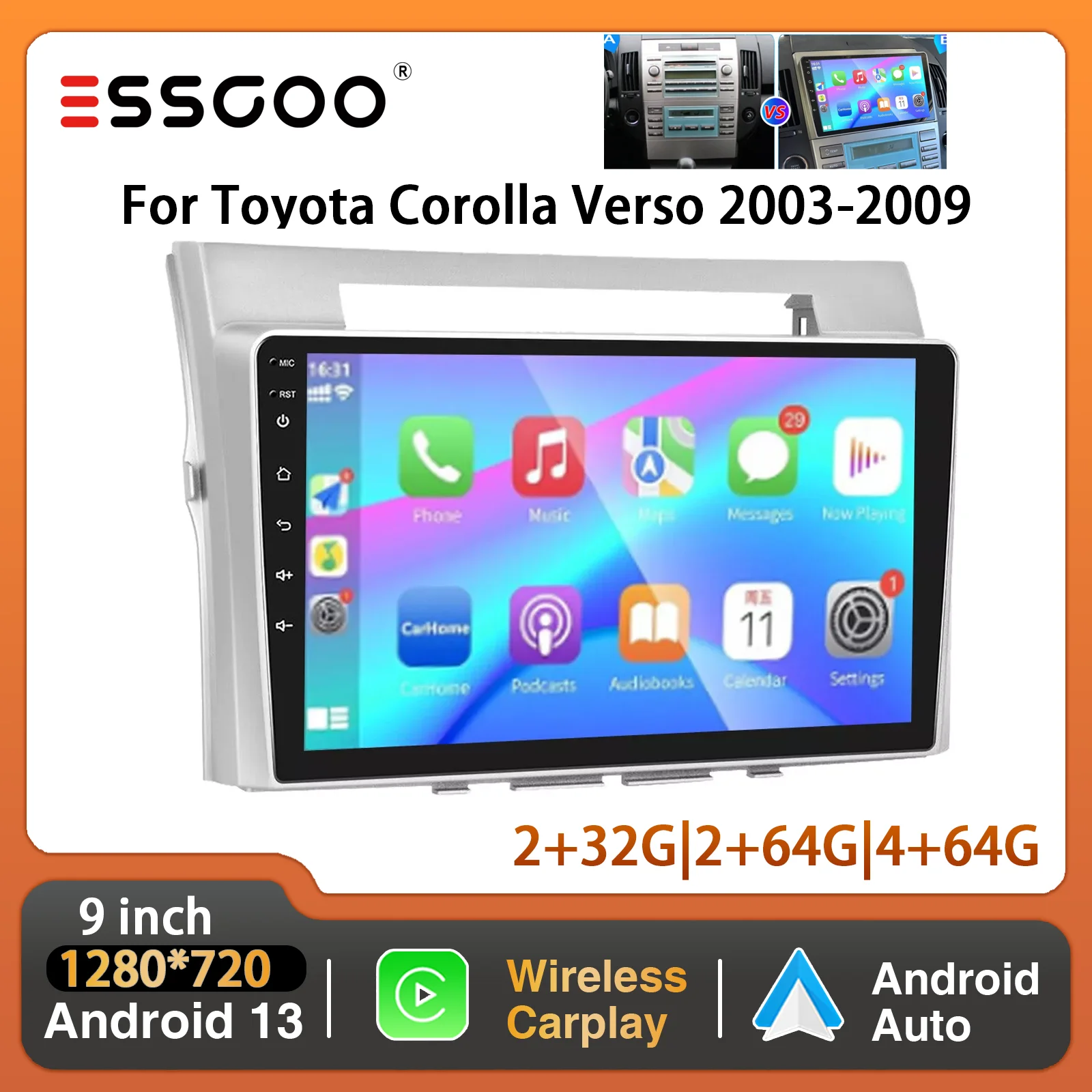 ESSGOO 9" HD-Touchscreen 2 DIN Wireless Apple CarPlay Für Toyota Corolla Verso 2003-2009 Autoradio Radio Android 13 GPS Navigation Wifi FM Bluetooth USB Image