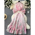 Set da 2 pezzi per le vacanze estive in organza con fiori splendidi, camicia da donna con maniche lunghe a lanterna, camicetta e abito con gonna a trapezio in vita elastica