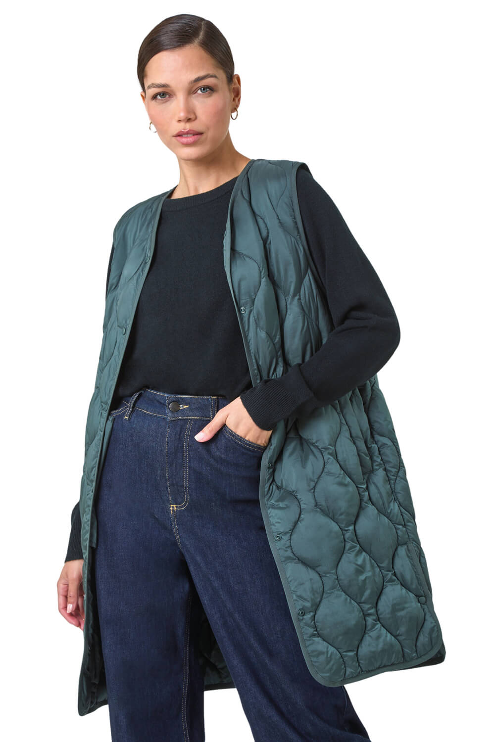 Roman Womens Quilted Collarless Buttoned Gilet - Forest Green - Size 12 UK | Roman Sale | Discount Designer Brands