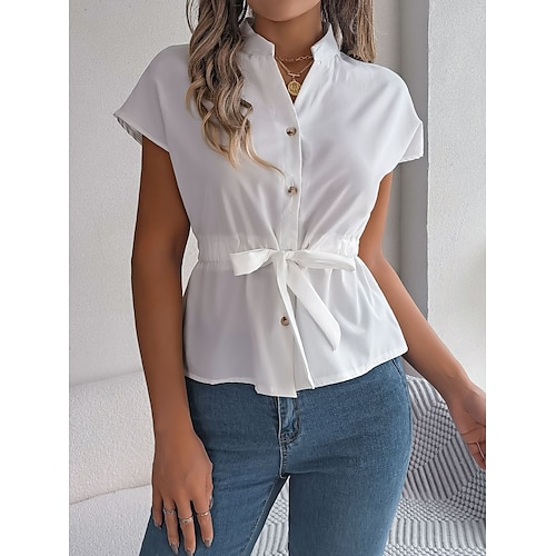 Damen Hemd Bluse Feste Farbe Täglich Geschäftlich Kurzarm Rollkragen Normale Oberteile Täglich Vorne binden Knopf Weiß Leicht Blau Sommer