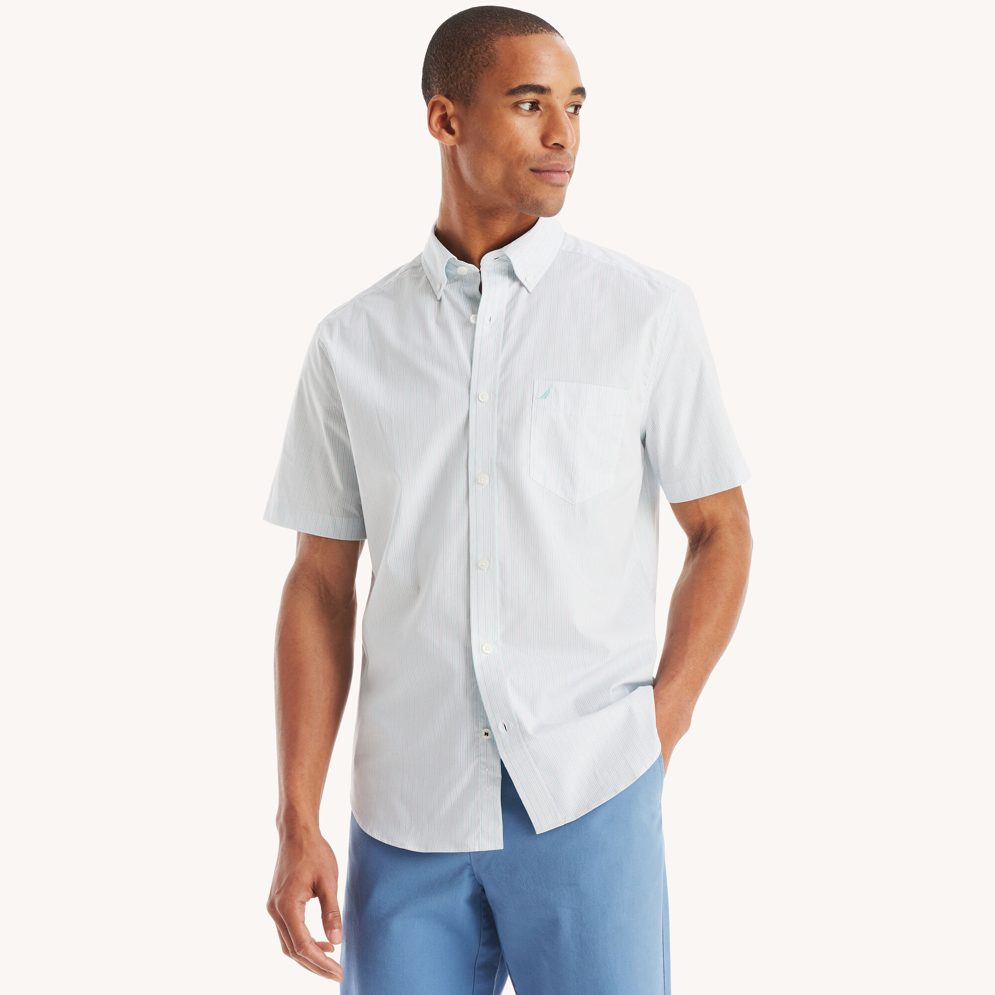 Nautica Men's Classic Fit Wrinkle-Resistant Striped Short-Sleeve Shirt 101 (Bright White), 3XL