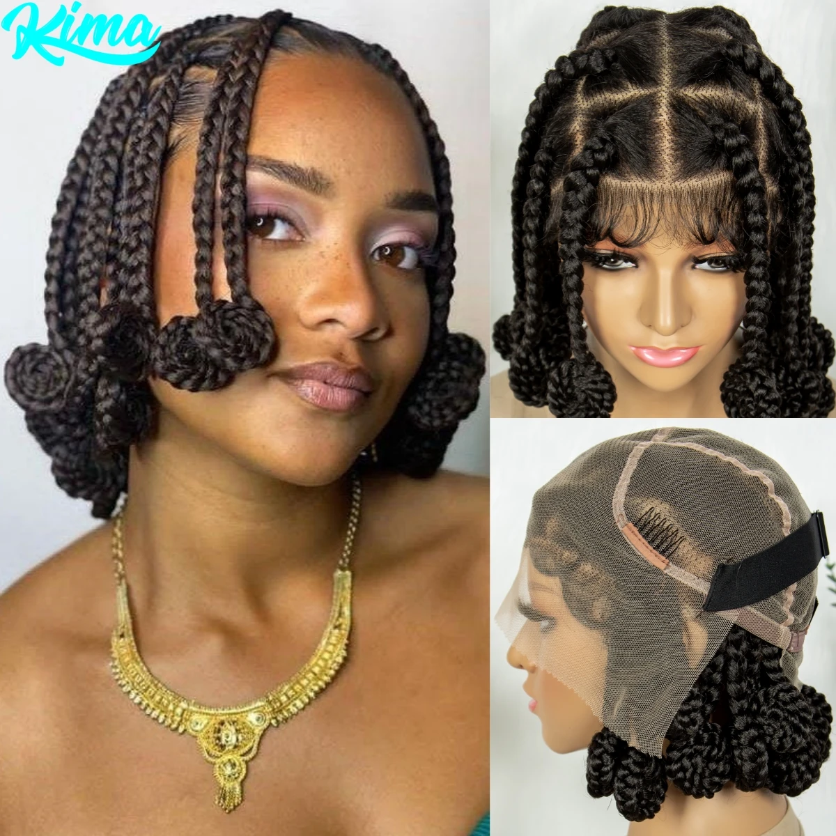 Synthetische Vollspitze-geflochtene Perücken, handgefertigte Bantu-geflochtene Spitzenperücke, knotenlose Spitzen-Frontal-Zöpfe-Perücke mit Babyhaar für schwarze Frauen Image