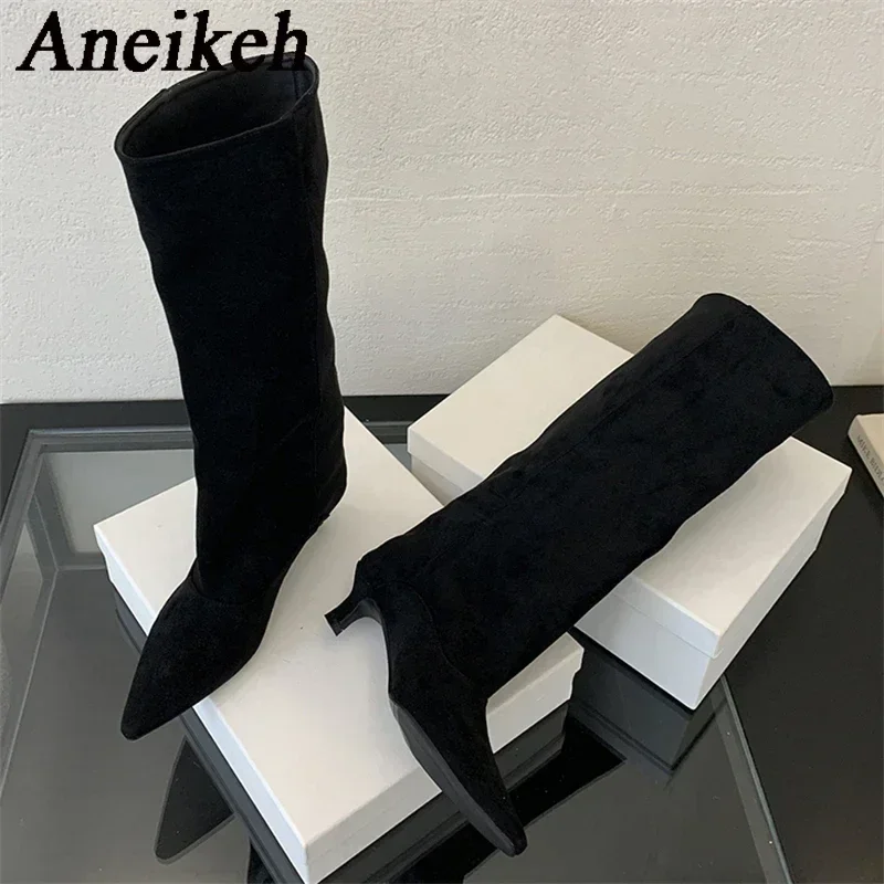Aneikeh 2026 Trend Designer Vintage Dünne Niedrigen Ferse Schuhe Moderne Botas Herbst Winter Spitz Knielangen Stiefel Schuhe Frau