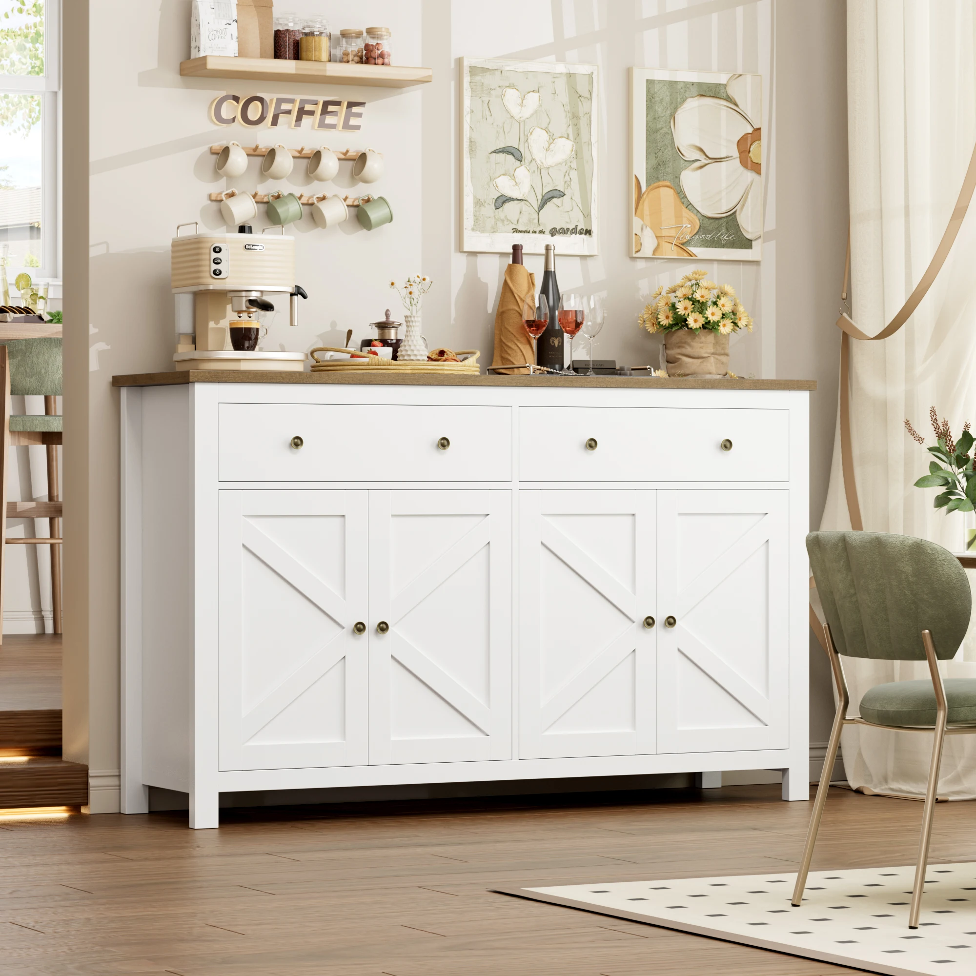 Getone Weißer Sideboard-Aufbewahrungsschrank, 140 cm, großer Küchenschrank für Wohnzimmer und Esszimmer Image